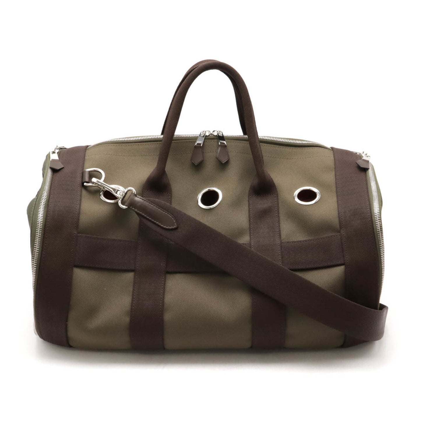 Hermes Dark Brown Khaki Canvas Leather Boston Bag Shoulder Bag ( )