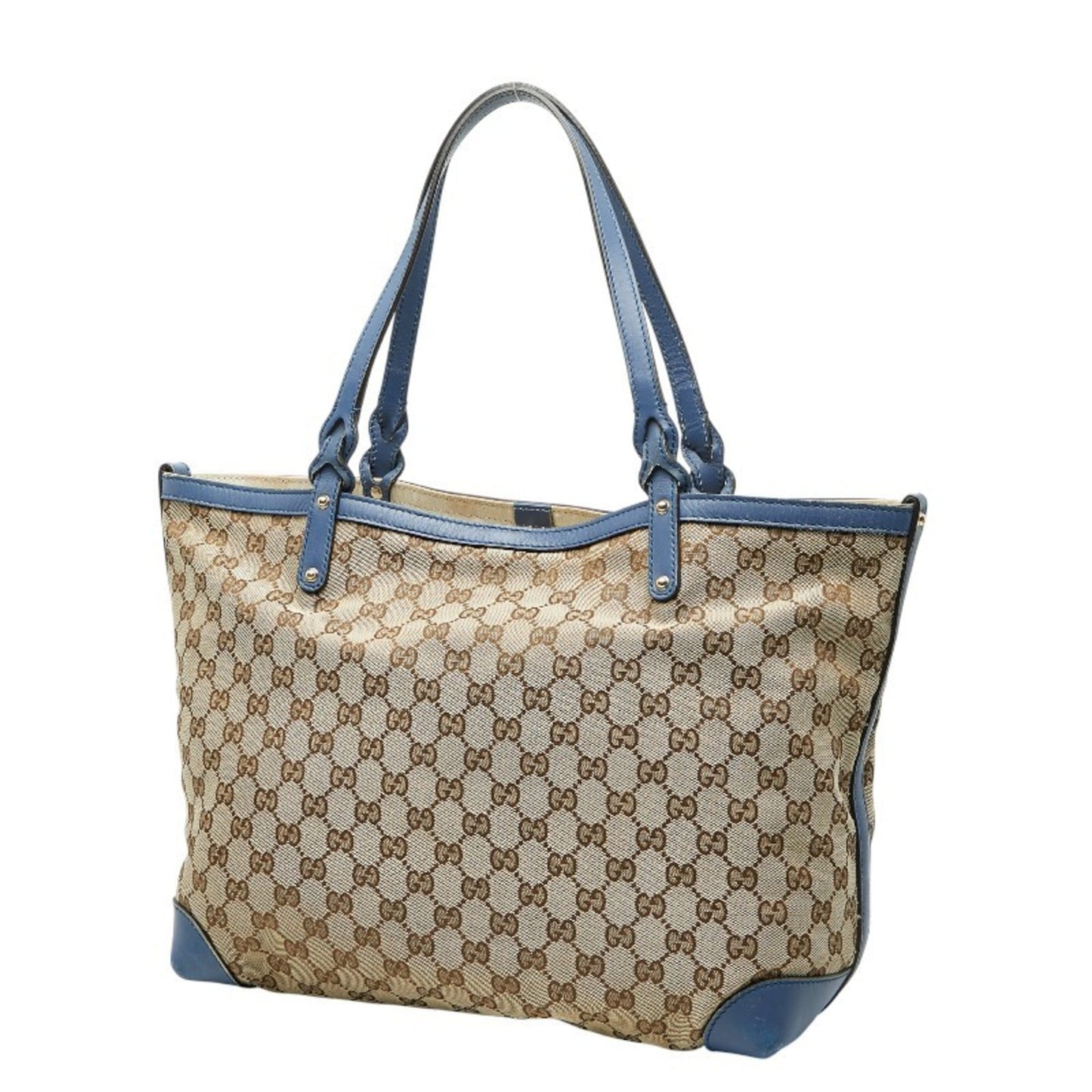 Gucci Beige Blue Canvas Leather Tote Bag ( )