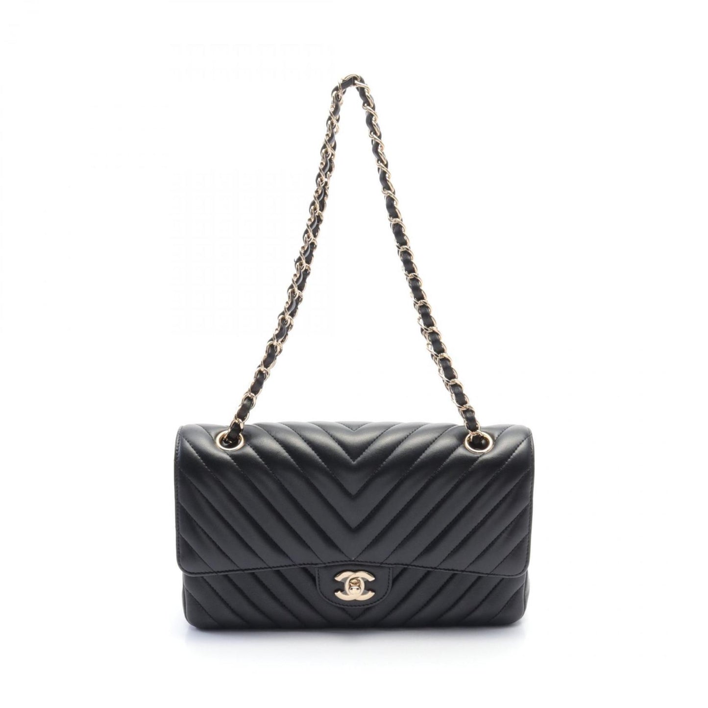 CHANEL Chevron V-stitch W-flap shoulder bag, lambskin, women's, black