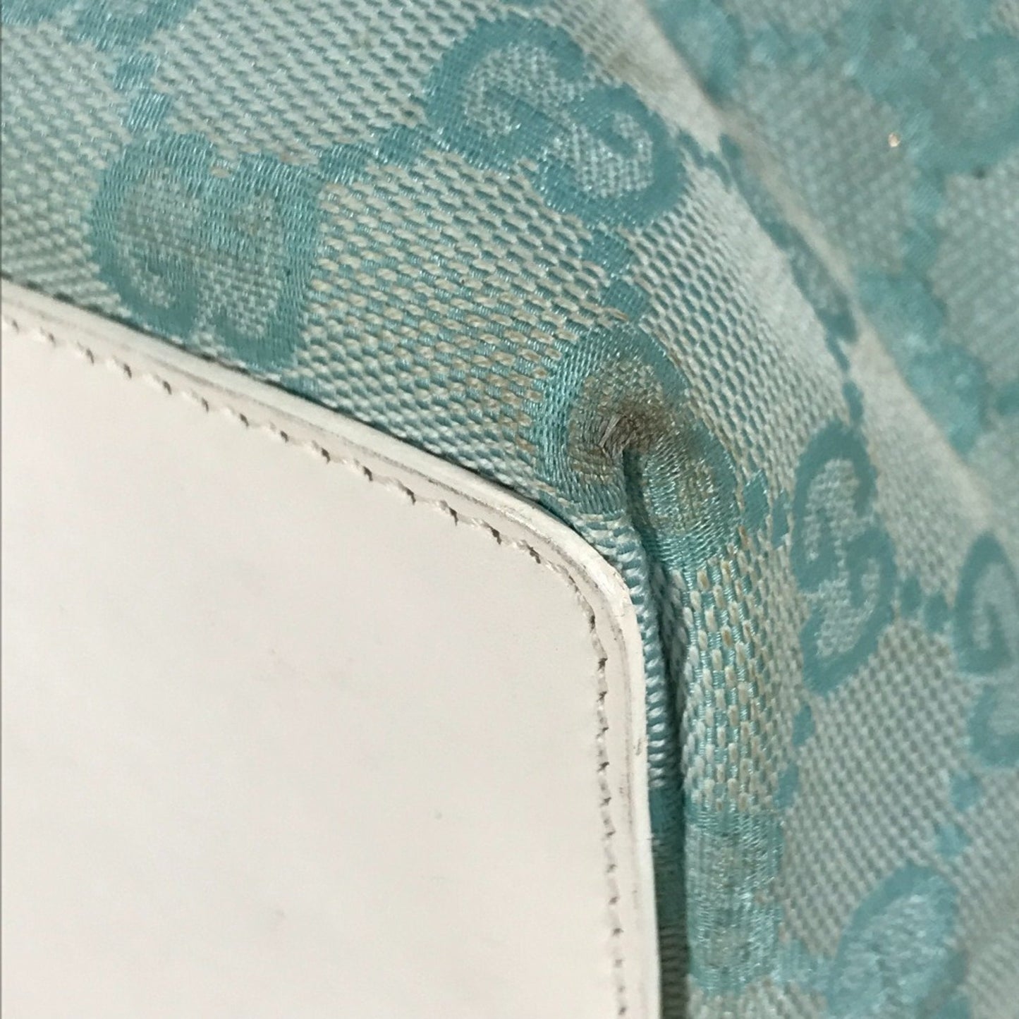 Gucci Blue White Canvas Leather Shoulder Bag Tote Bag ( )