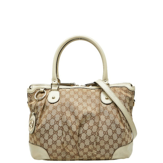 Gucci Beige Brown Canvas Leather Shoulder Bag Tote Bag ( )