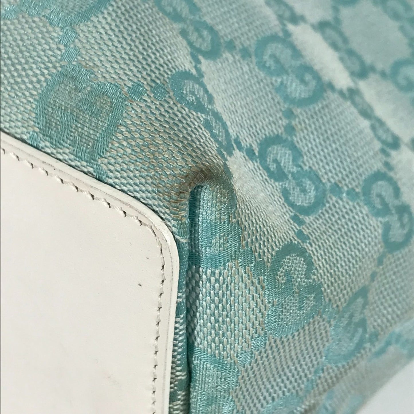Gucci Blue White Canvas Leather Shoulder Bag Tote Bag ( )