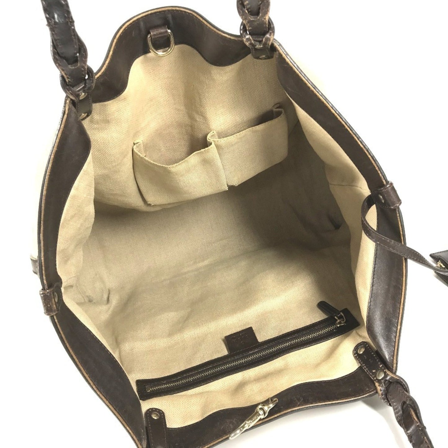 Gucci Beige Brown Leather Canvas Boston Bag Pouch Shoulder Bag Tote Bag ( )