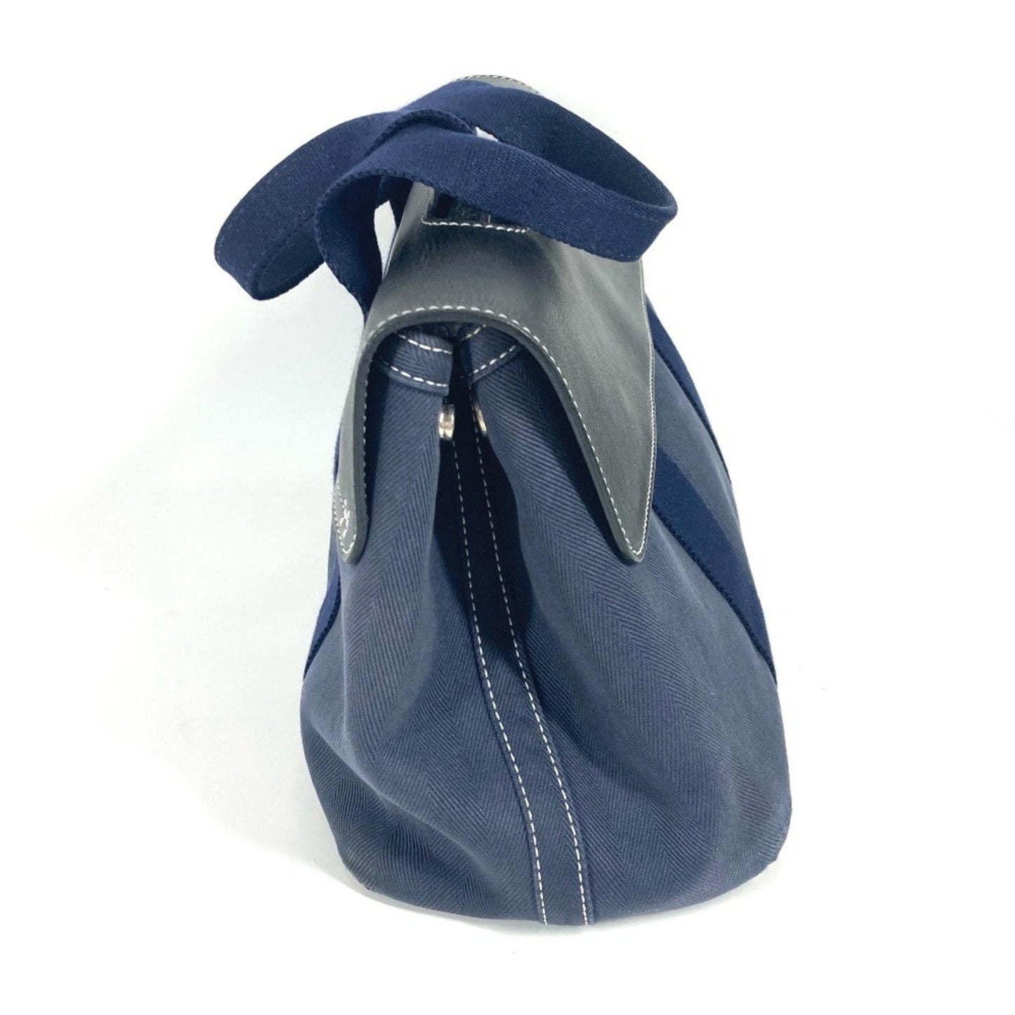 Hermes Navy Leather Canvas Handbag Tote Bag ( )