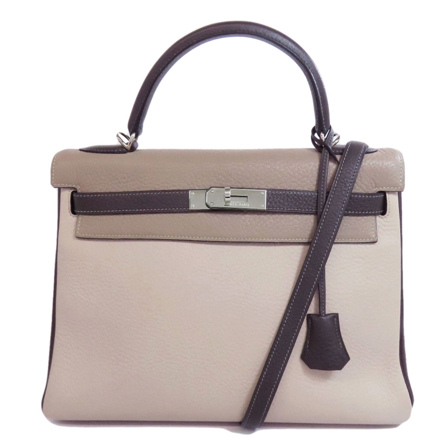 Hermes Kelly Beige Gray Taurillon Clemence Leather Handbag ( )