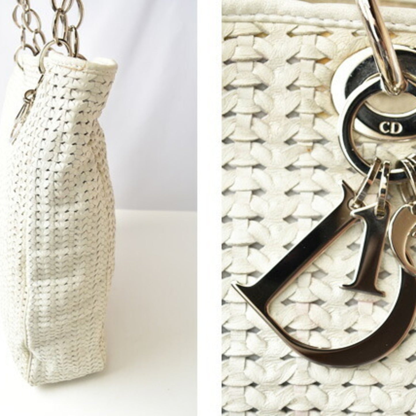 Christian Dior Lady Dior Silver White Leather Tote Bag ()