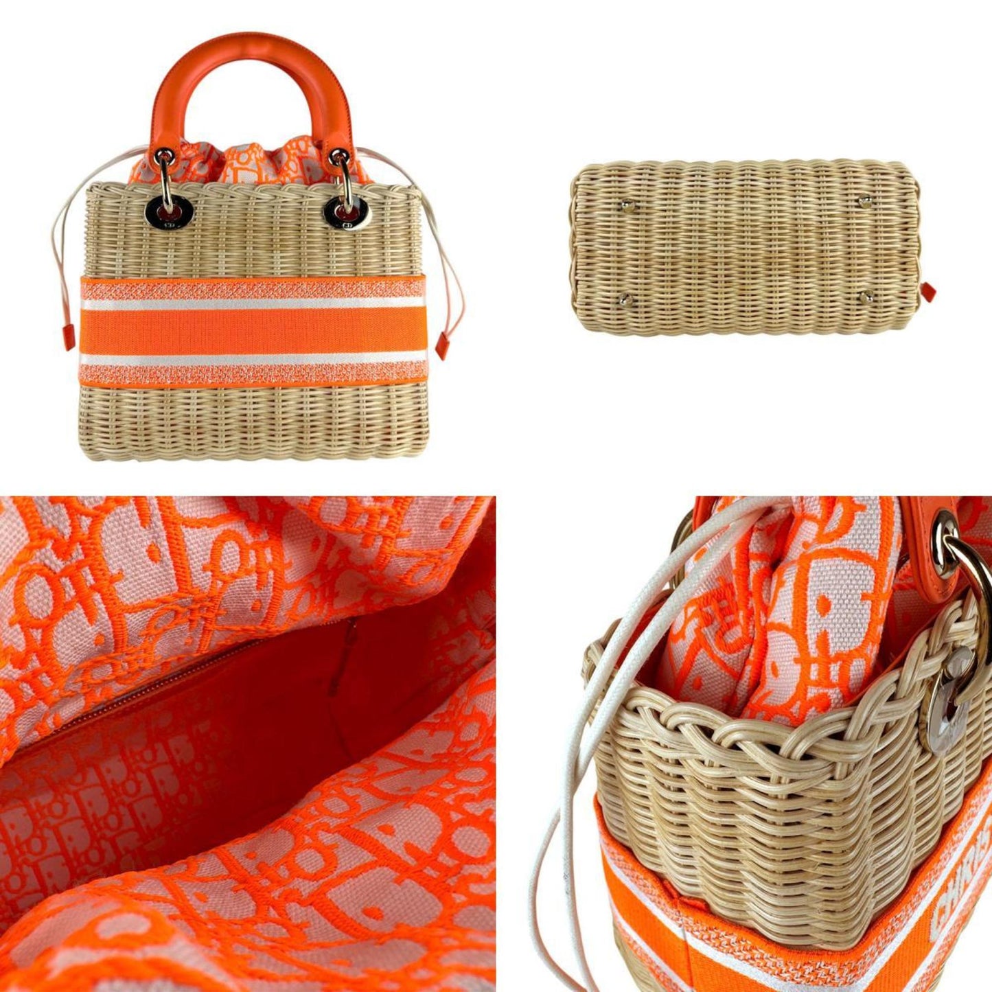 Christian Dior Neon Orange Straw Leather Canvas Handbag Shoulder Bag ()