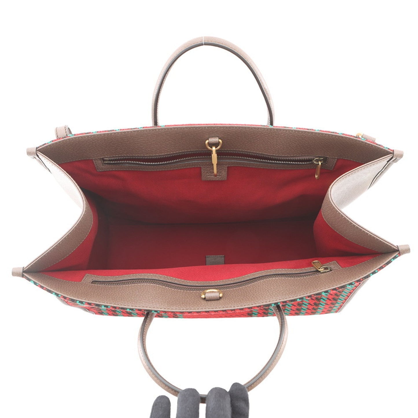 Gucci Multi-Color Red Brown Tweed Leather Shoulder Bag Tote Bag ( )