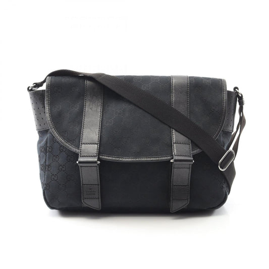 Gucci Black Navy Canvas Leather Shoulder Bag ( )