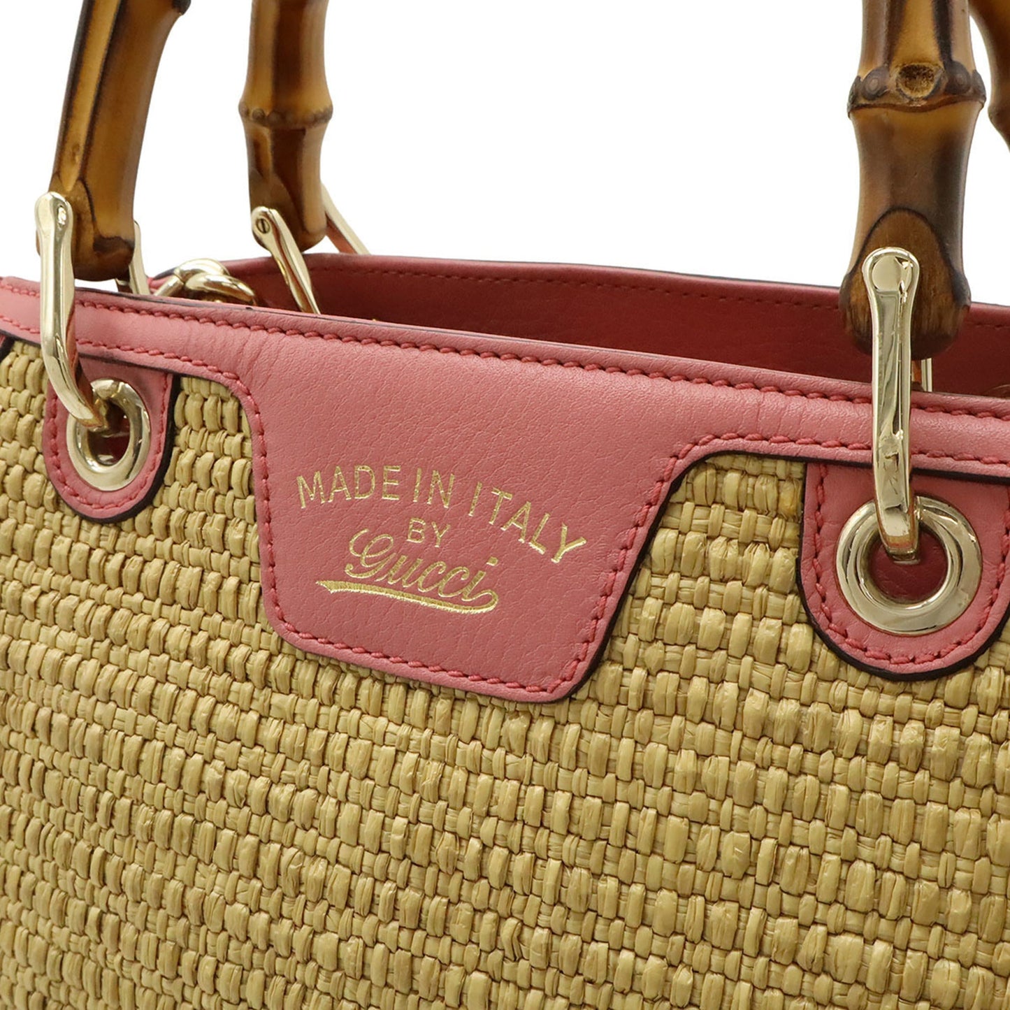 Gucci Pink Straw Leather Bamboo Handbag Shoulder Bag ( )