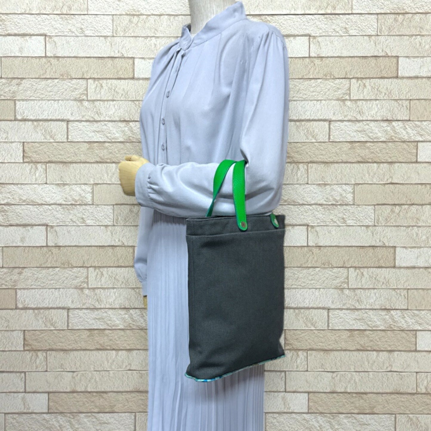 Hermes Petit H Gray Green Canvas Silk Handbag ( )