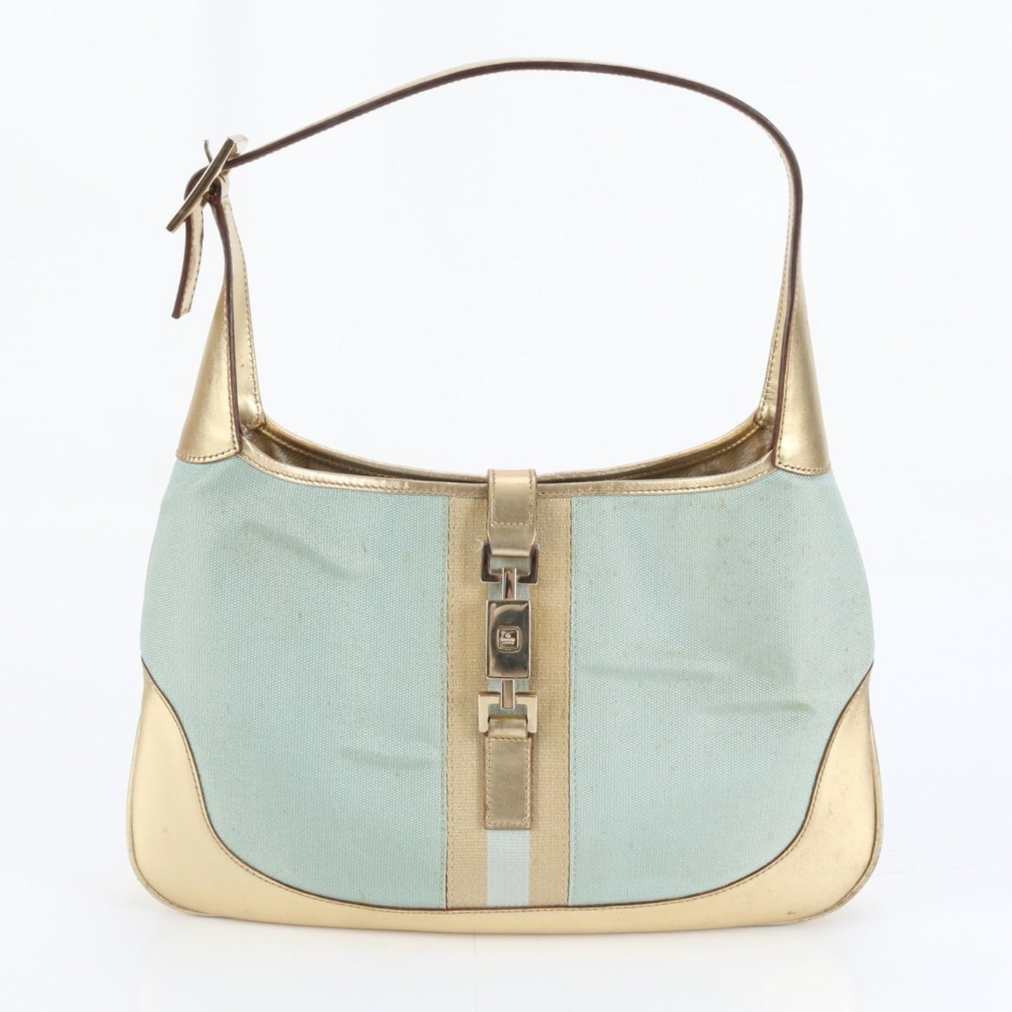 Gucci Blue Gold Leather Canvas Shoulder Bag ( )