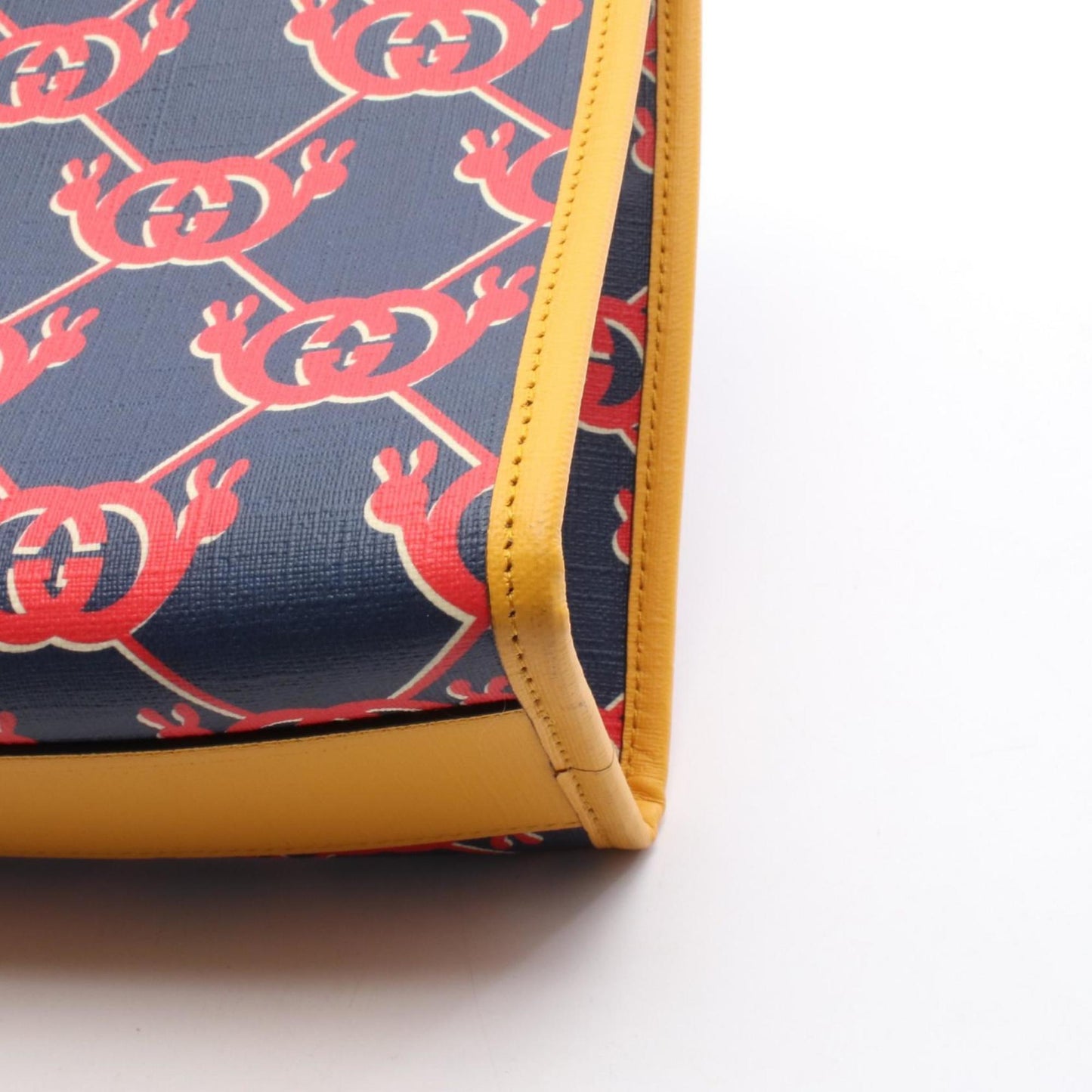 Gucci Navy Red Color Yellow Coated Canvas Leather Tote Bag ( )