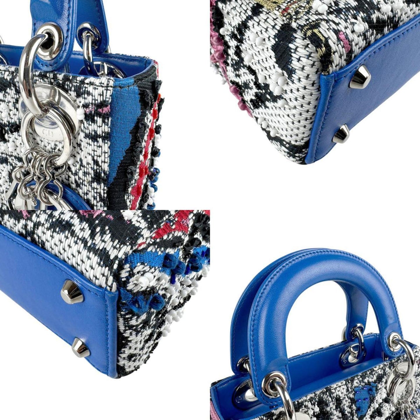 Christian Dior Black Blue Tweed Leather Handbag Shoulder Bag ()
