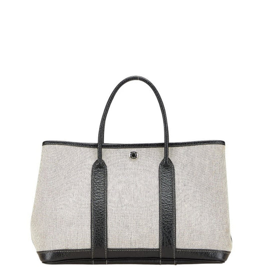 Hermes Garden Black Gray Toile H Leather Handbag Tote Bag ( )