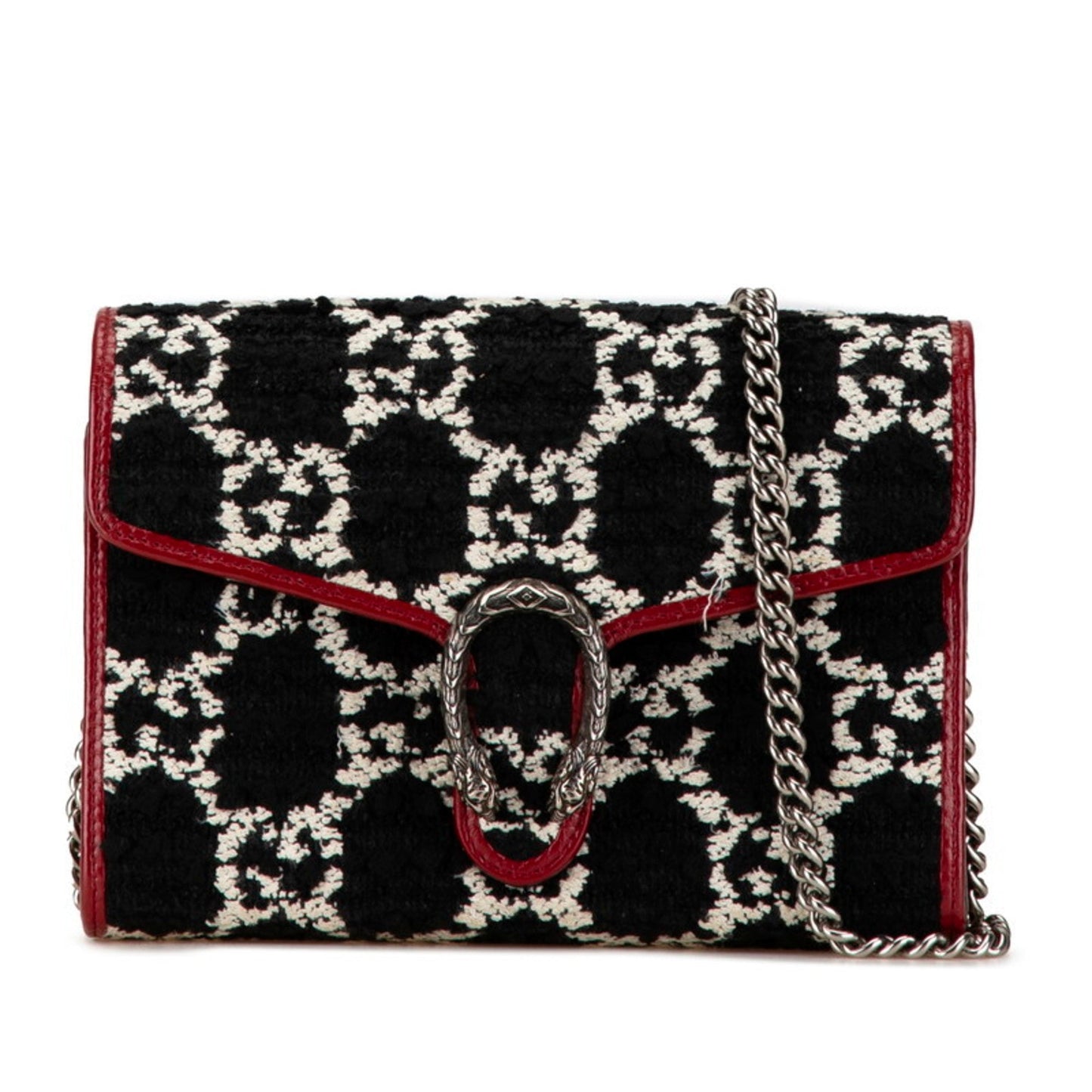 Gucci Black Red Color Tweed Leather Chain/Shoulder Wallet ( )