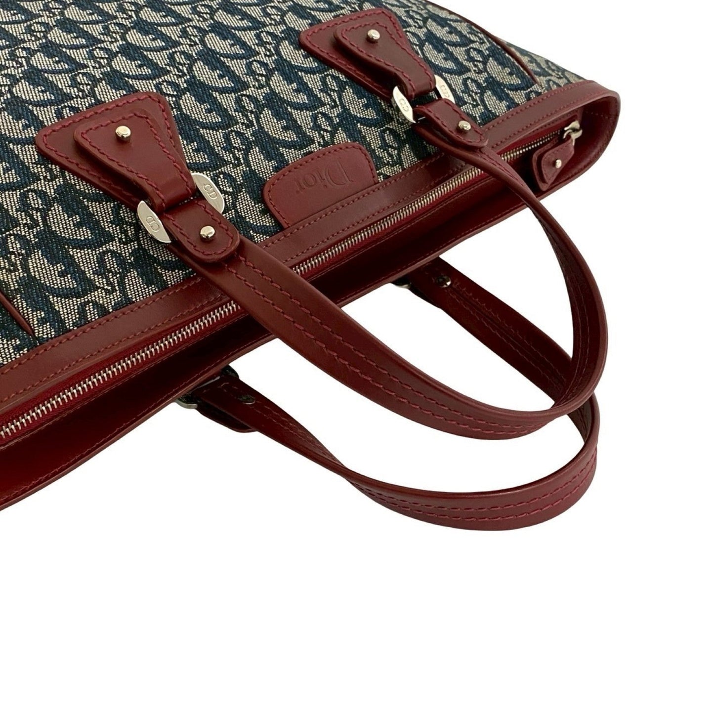 Christian Dior Navy Wine Canvas Leather Handbag Tote Bag ()