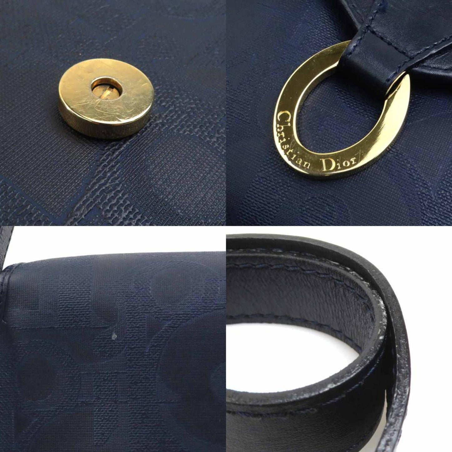 Christian Dior Navy Coated Canvas Leather Shoulder Bag ()