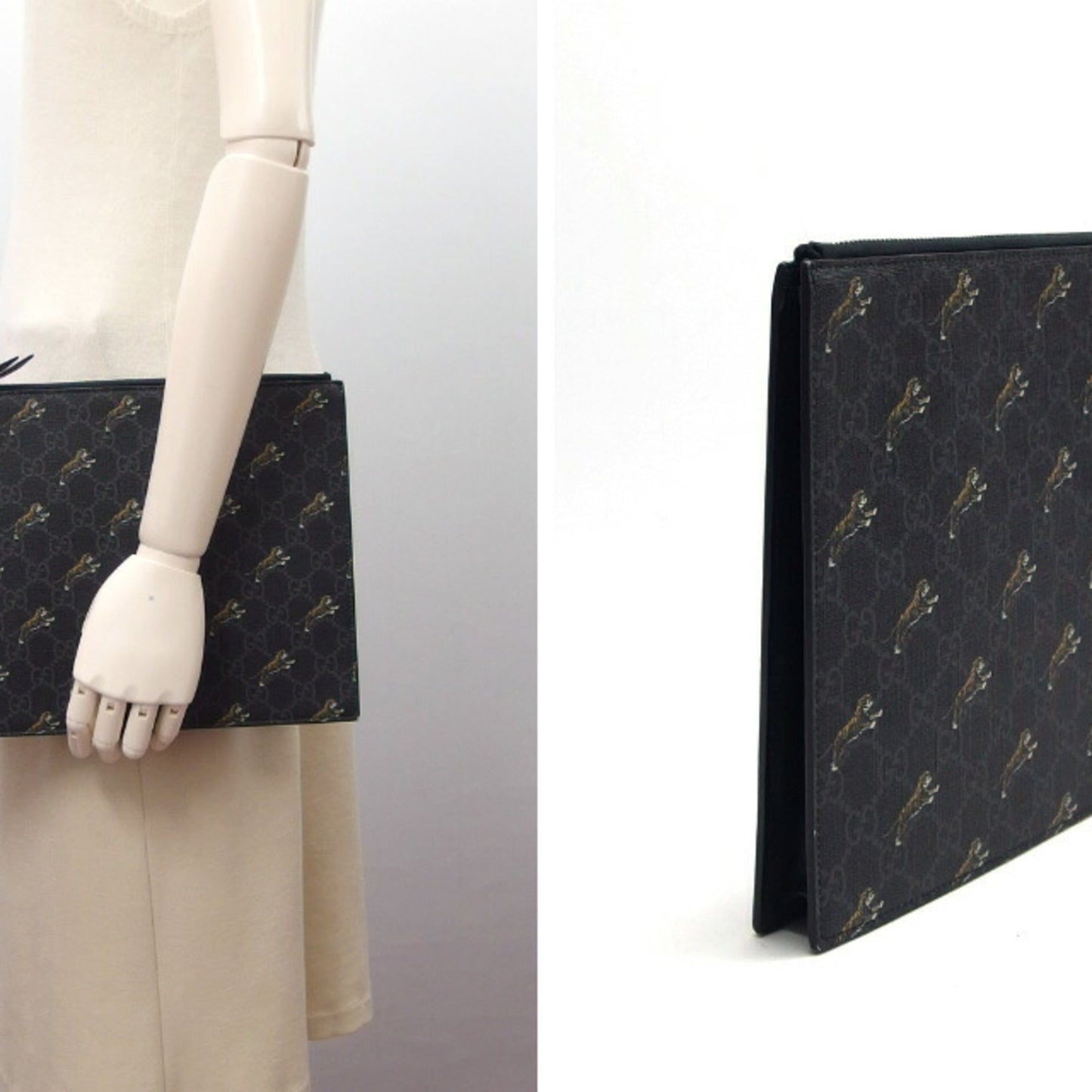 Gucci Black Charcoal Gray Yellow Coated Canvas Leather Clutch Bag Pouch ( )