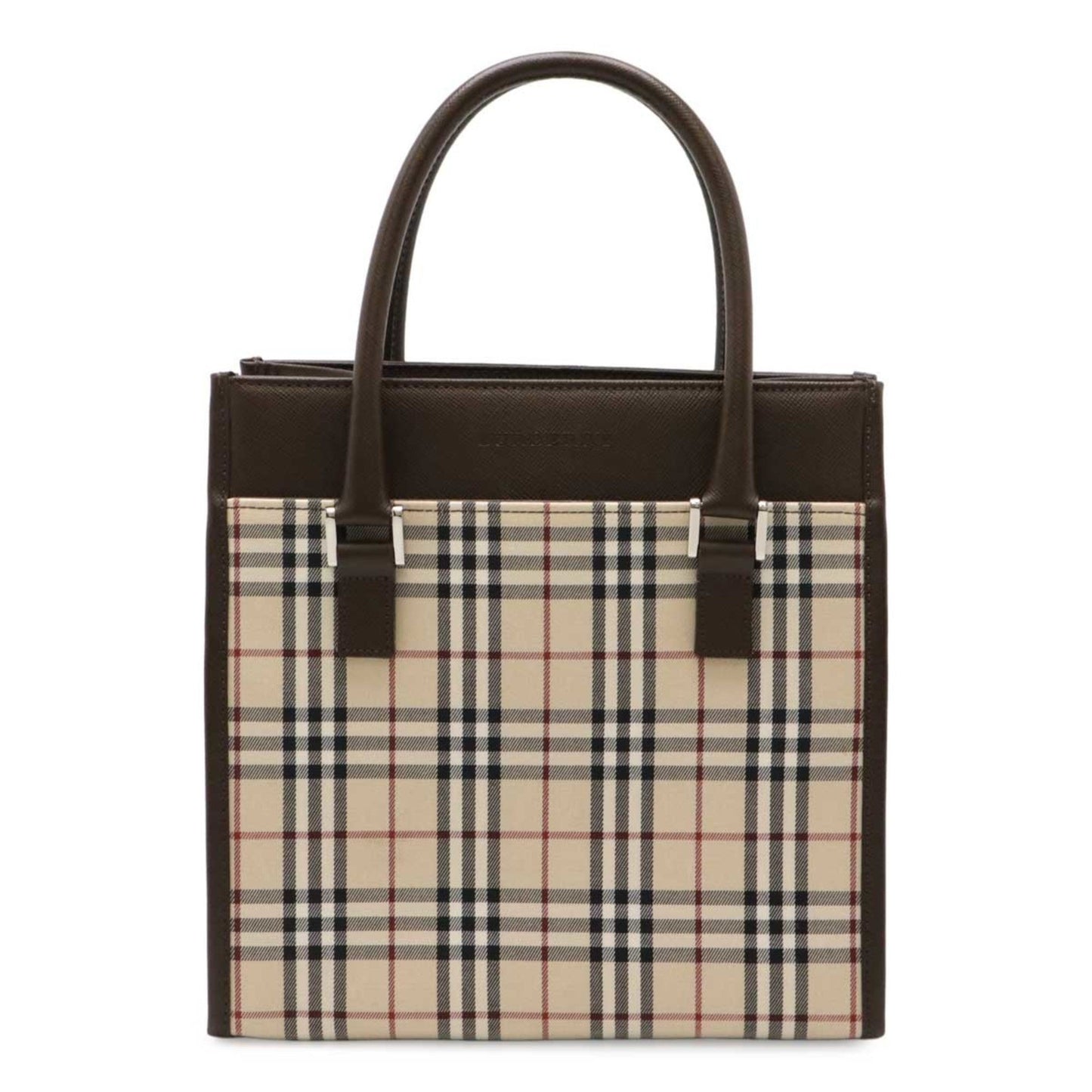 Burberry Beige Black Bordeaux Dark Brown Canvas Leather Handbag Tote Bag ( )