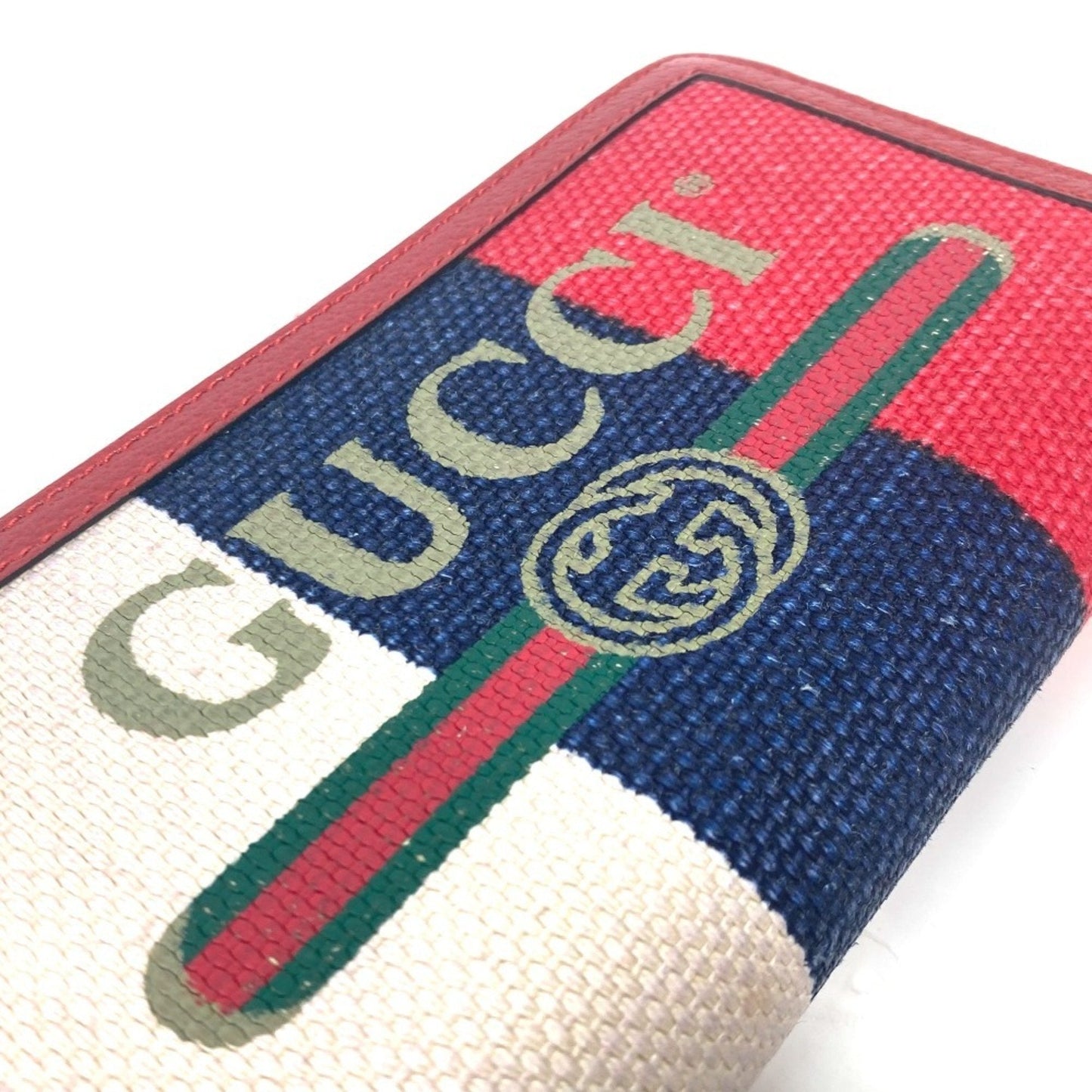 Gucci Blue Red Color White Canvas Leather Long Wallet (Bi-Fold) ( )