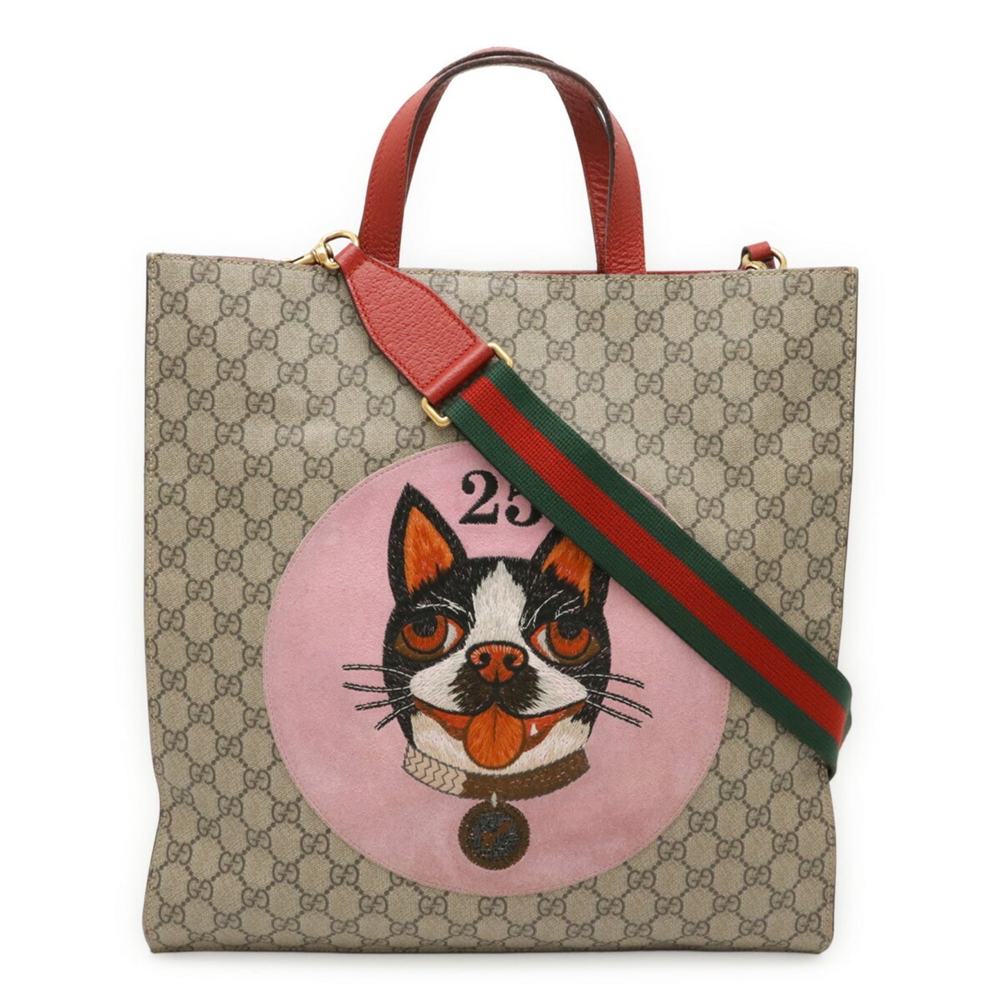 Gucci Beige Pink Red Color Gg Supreme Canvas Leather Shoulder Bag Tote Bag ( )