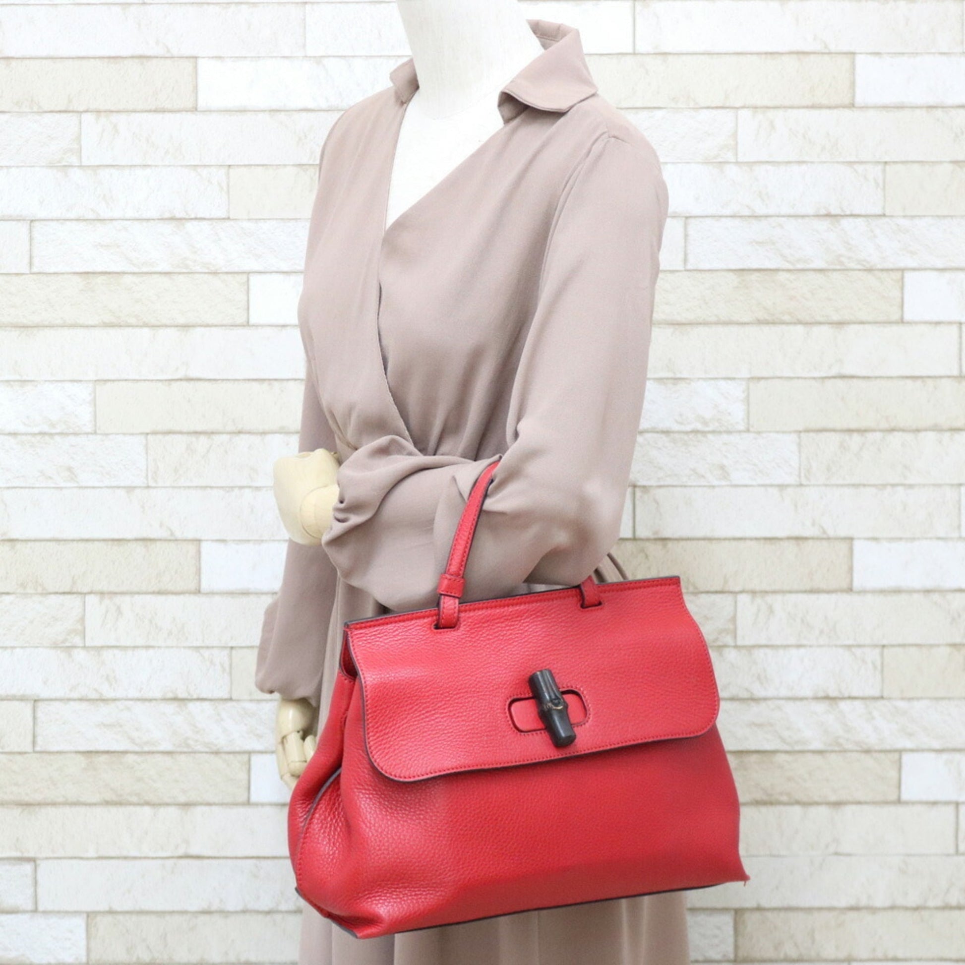 Gucci Bamboo Red Leather Shoulder Bag Style 2