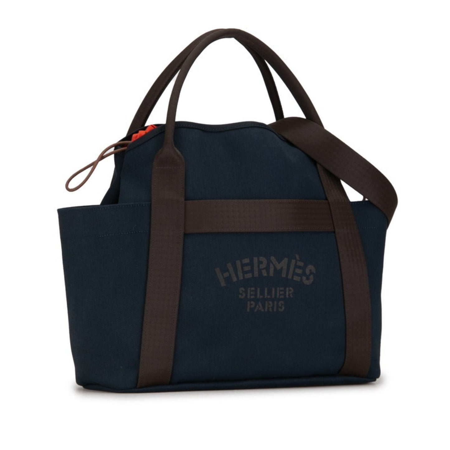 Hermes Brown Navy Canvas Leather Handbag Shoulder Bag Tote Bag ( )