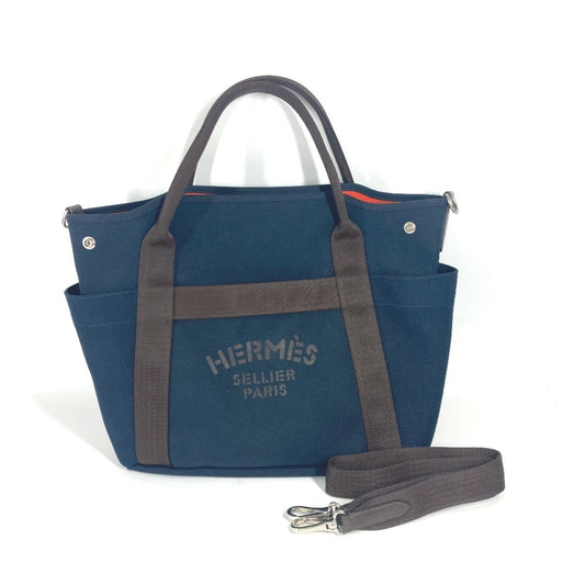 Hermes Navy Orange Leather Canvas Shoulder Bag Tote Bag ( )