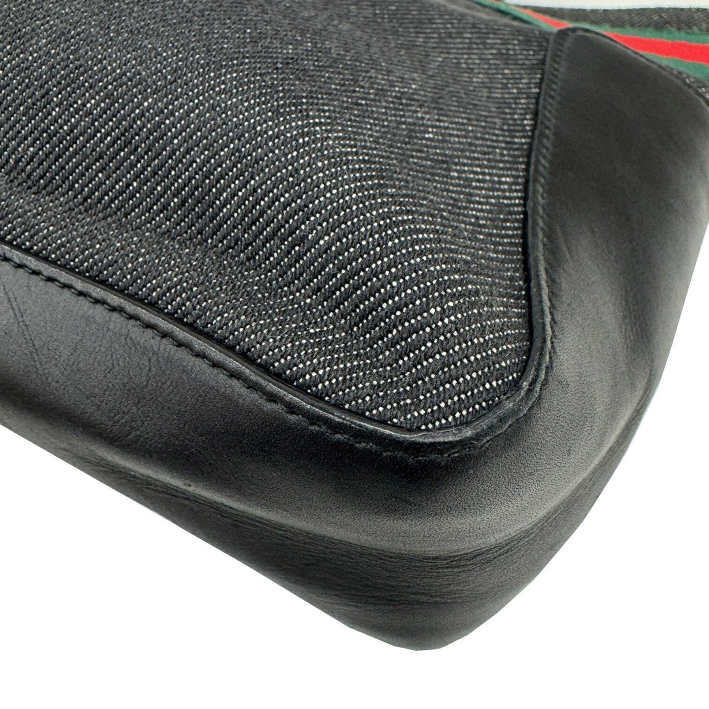 Gucci Sherry Line Black Denim Leather Handbag Tote Bag ( )