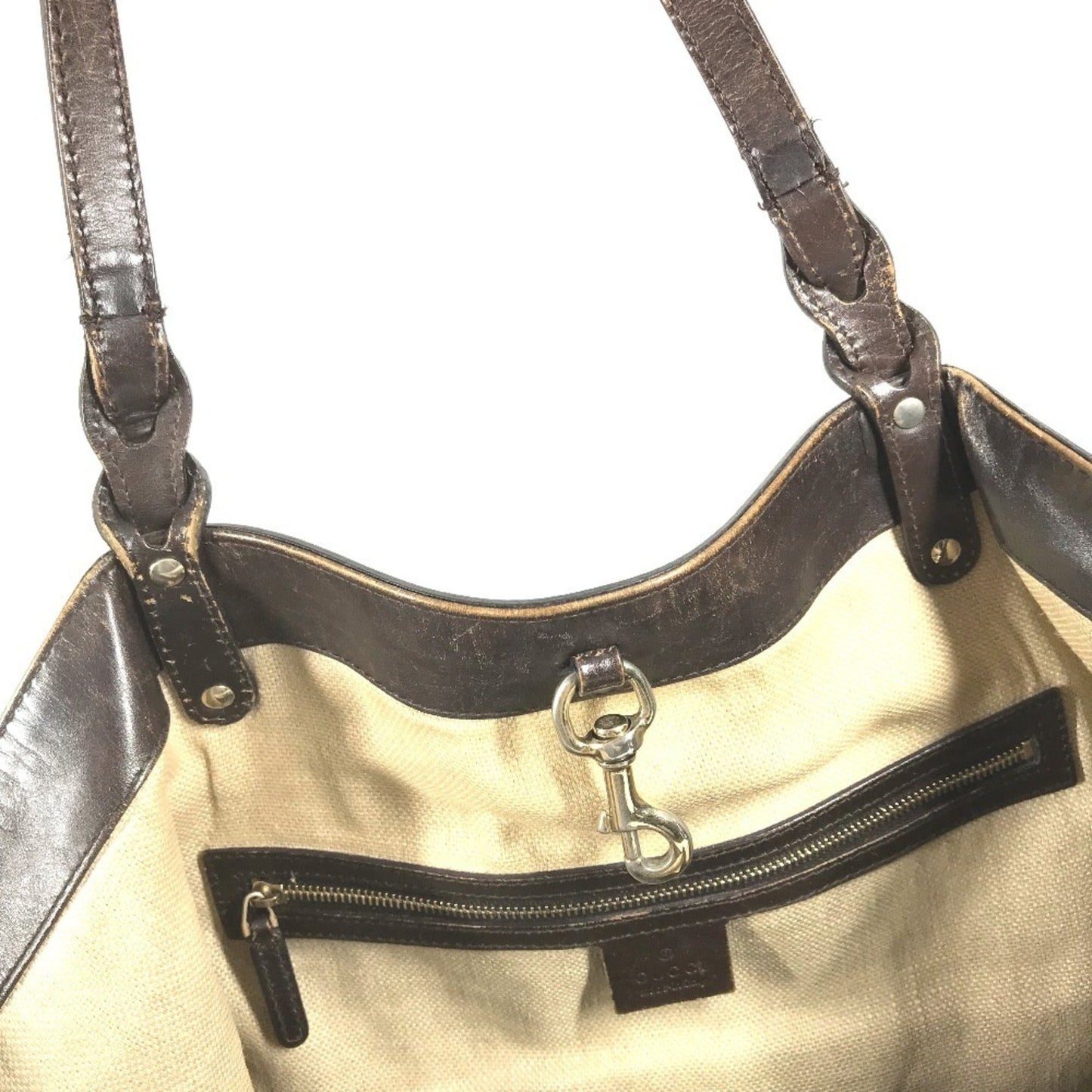 Gucci Beige Brown Leather Canvas Boston Bag Pouch Shoulder Bag Tote Bag ( )