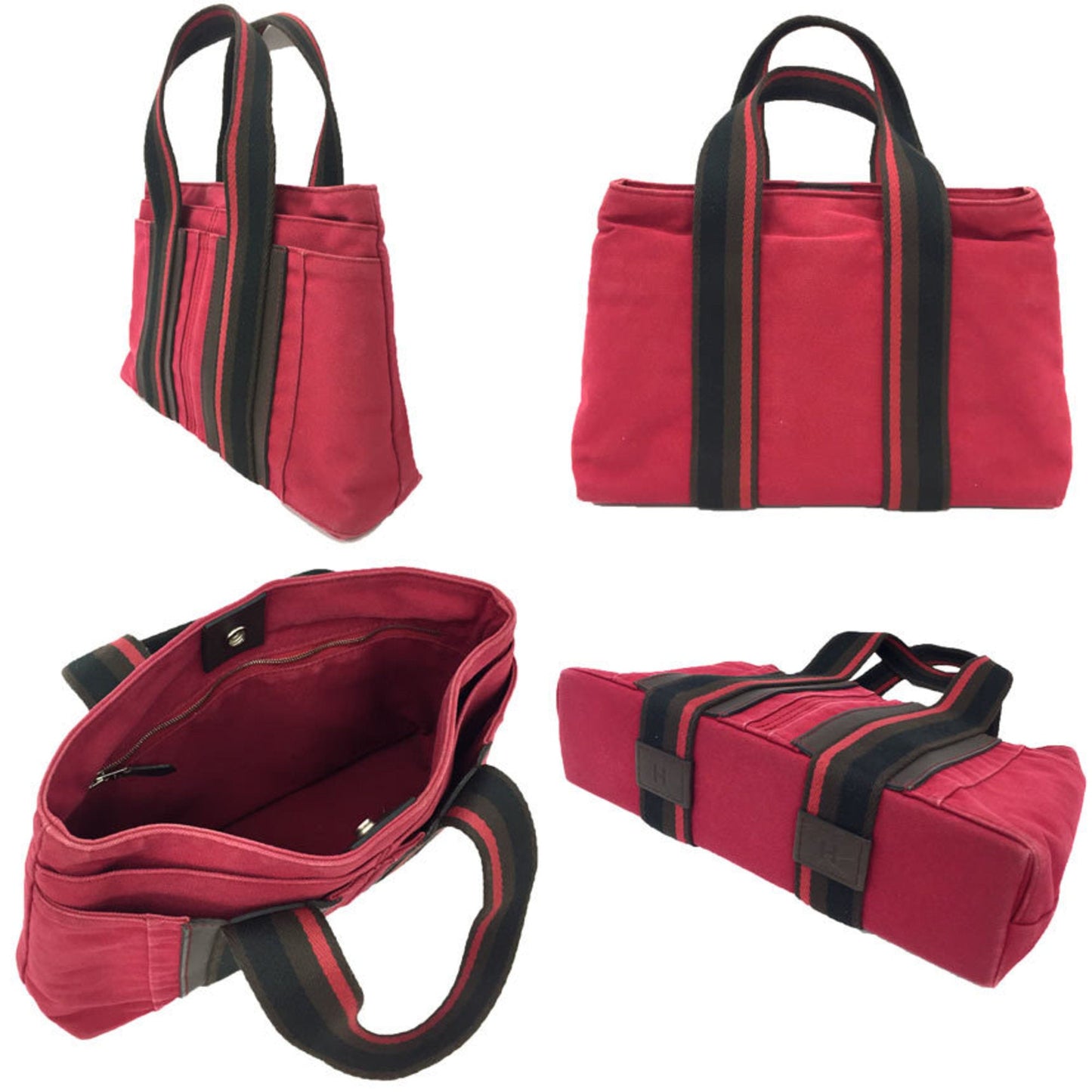 Hermes Red Color Canvas Leather Tote Bag ( )