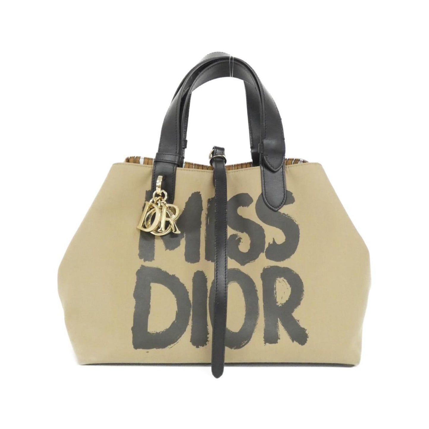 Christian Dior Beige Black Cotton Leather Handbag ()