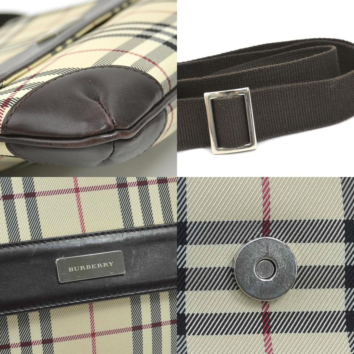 Burberry Beige Brown Nylon Canvas Leather Shoulder Bag ( )