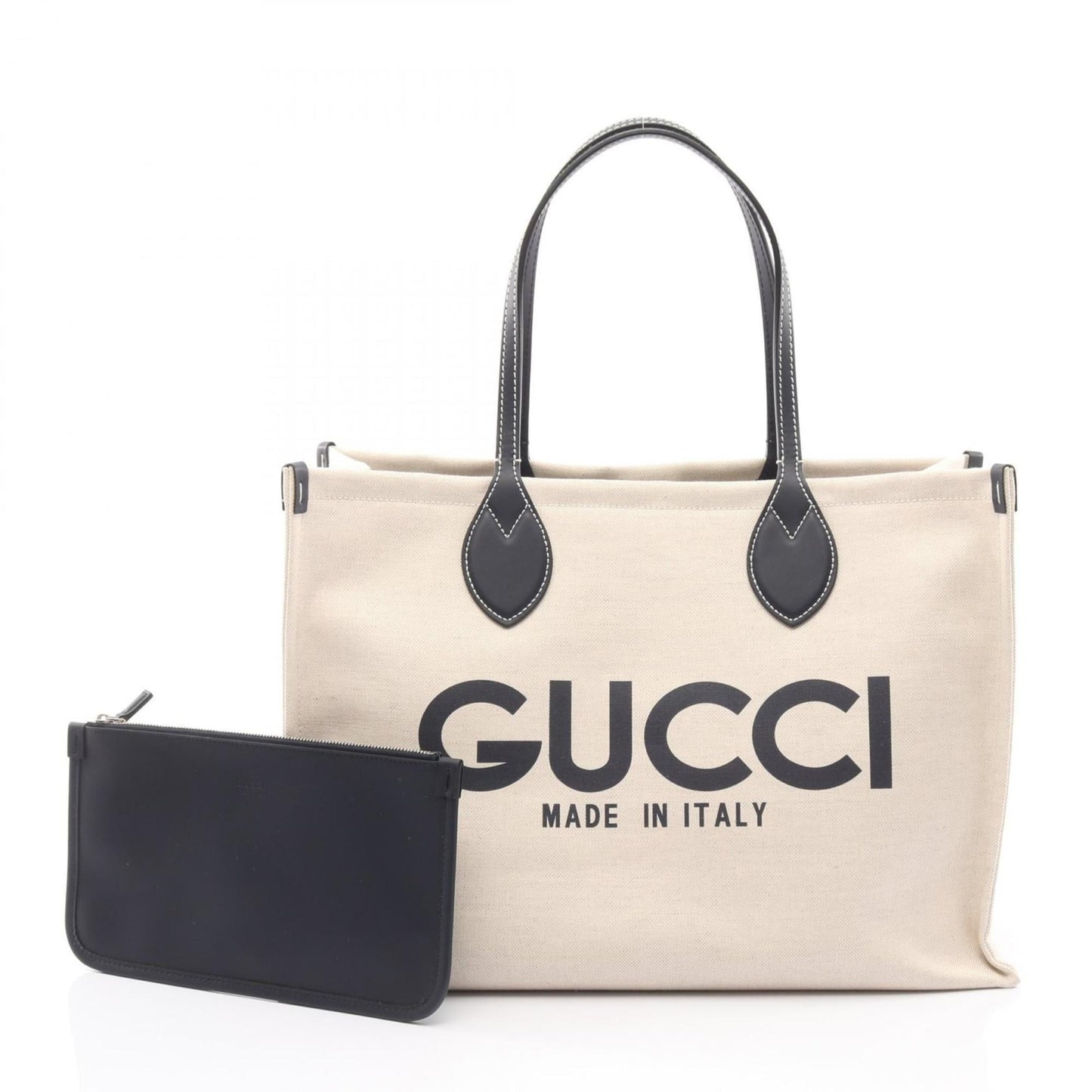 Gucci Ivory Navy Canvas Leather Tote Bag ( )
