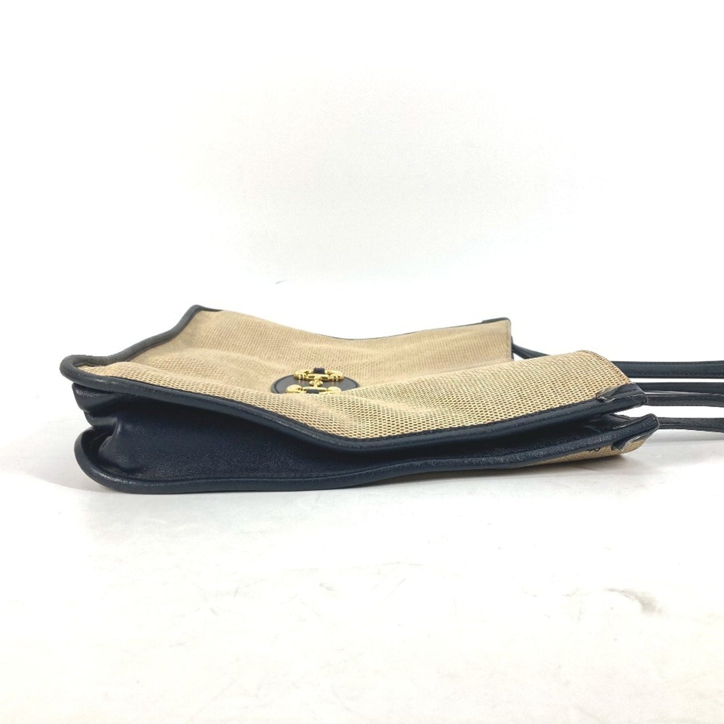Gucci Beige Navy Canvas Leather Shoulder Bag Tote Bag ( )