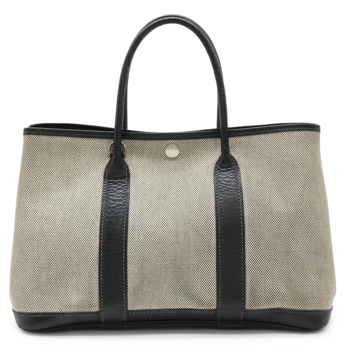 Hermes Garden Black Gray Toile H Leather Handbag Tote Bag ( )