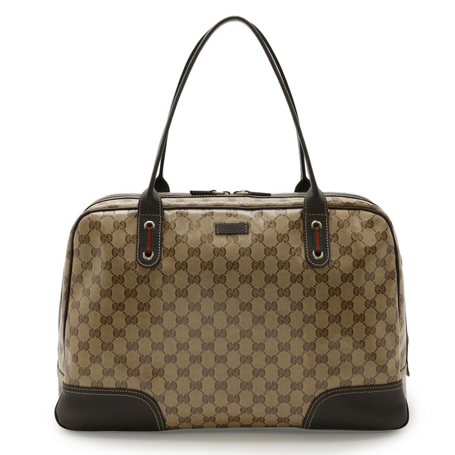 Gucci Beige Brown Dark Brown Green Khaki Red Color Coated Canvas Leather Boston Bag Handbag ( )