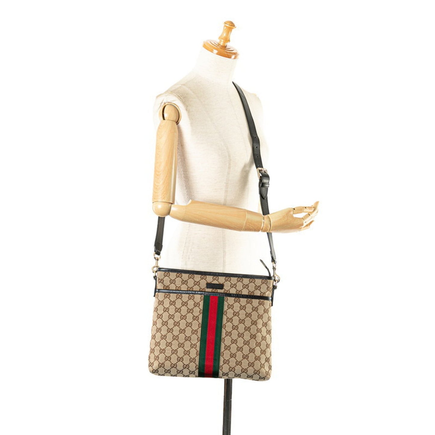 Gucci Beige Black Canvas Leather Shoulder Bag ( )