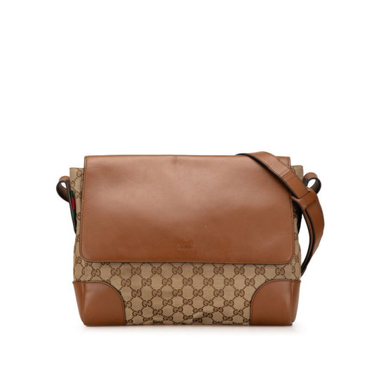 Gucci Beige Brown Canvas Leather Shoulder Bag ( )