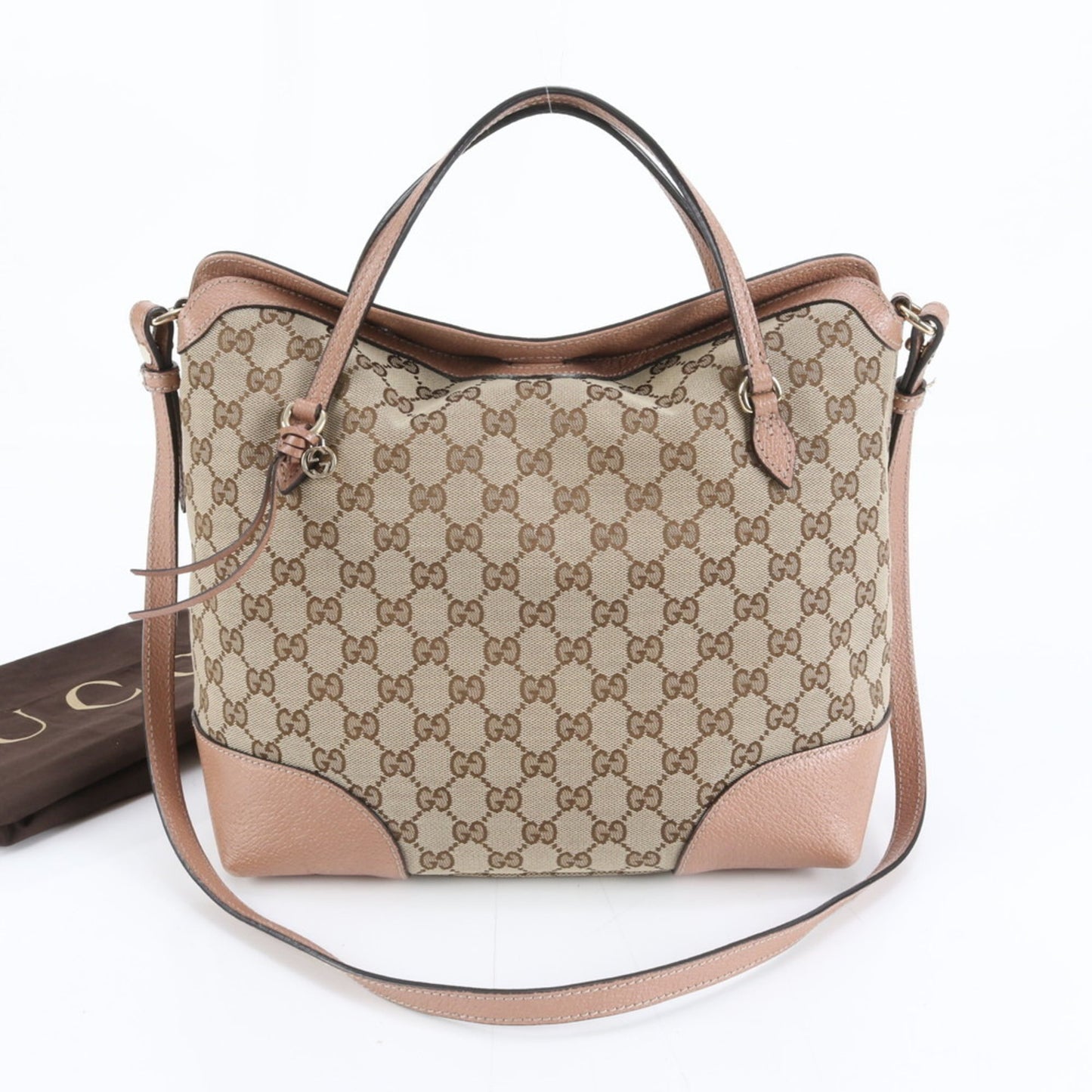 Gucci Pink Beige Leather Canvas Tote Bag ( )