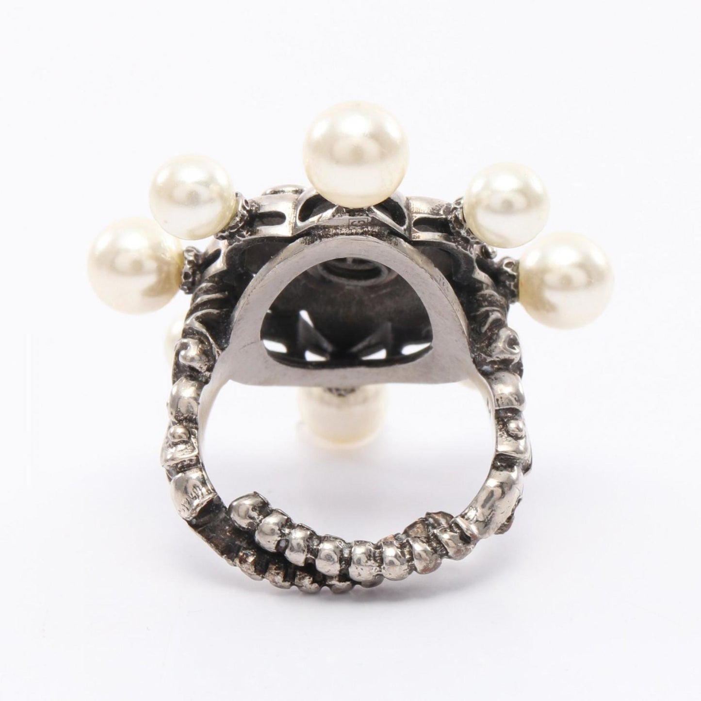 Gucci Silver Pink White Artificial Pearl Rhinestone Stainless Steel Band Ring ( )