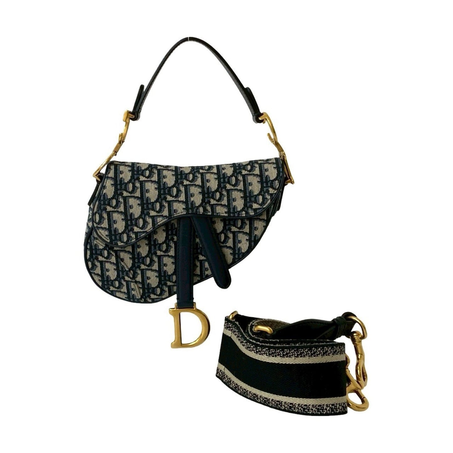 Christian Dior Navy Canvas Leather Handbag Saddle Bag Shoulder Bag ()