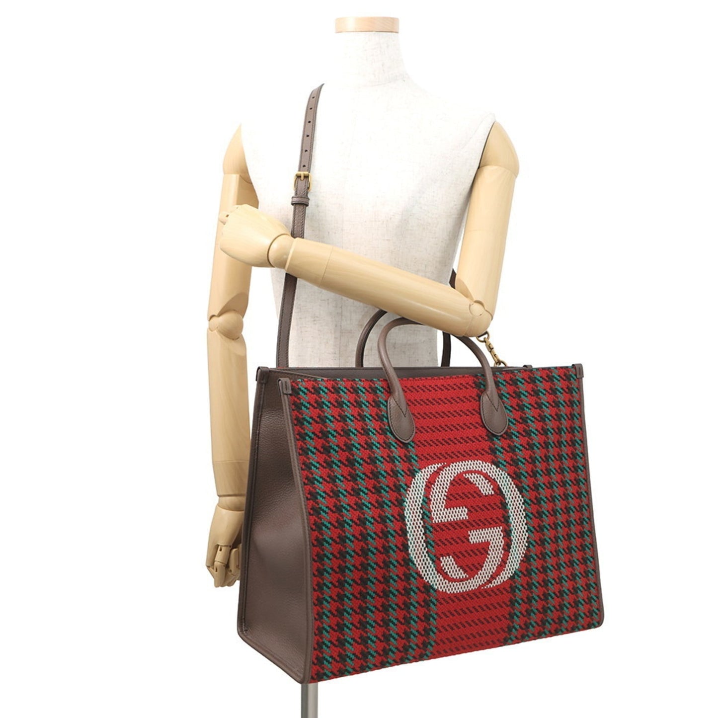 Gucci Multi-Color Red Brown Tweed Leather Shoulder Bag Tote Bag ( )