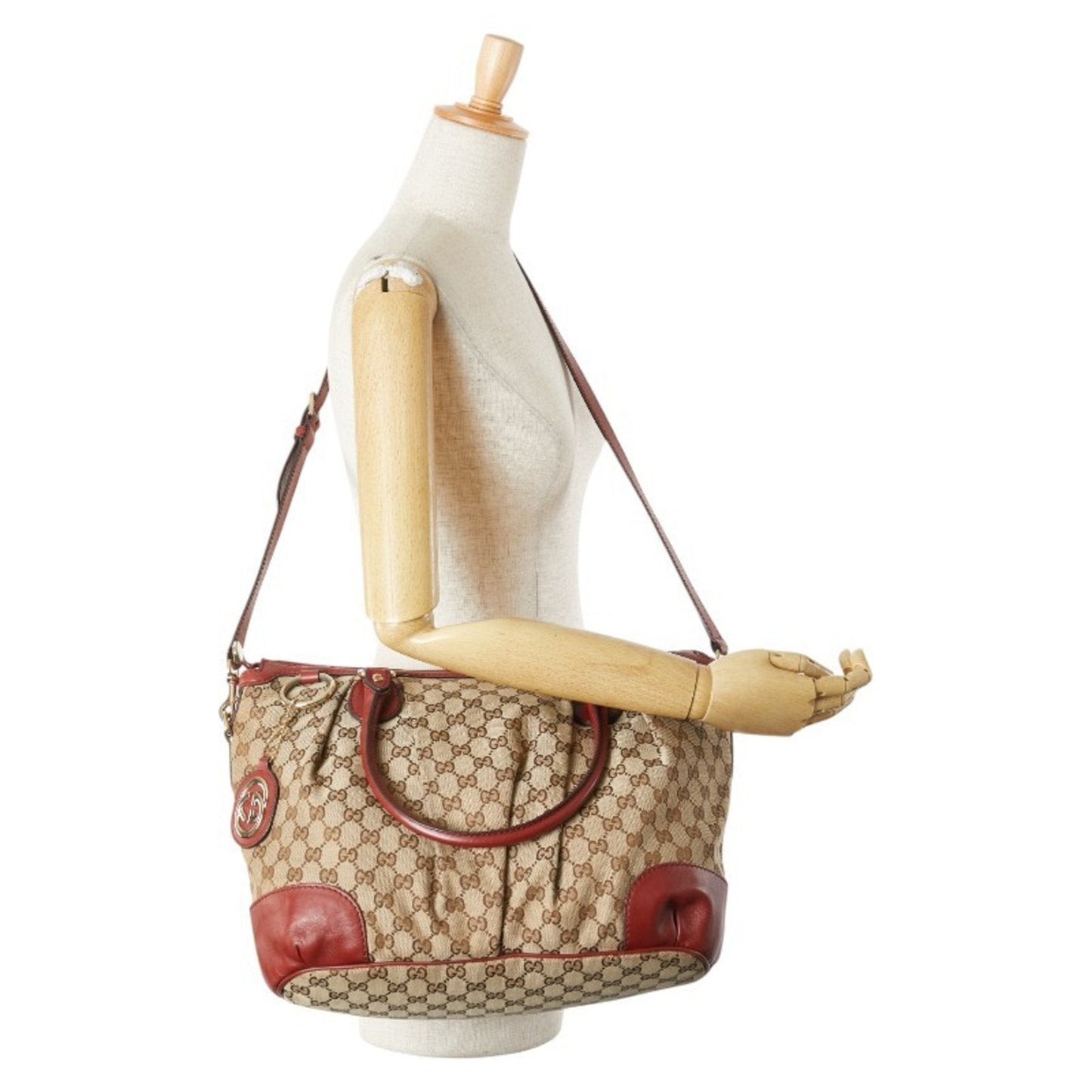 Gucci Beige Red Color Canvas Leather Shoulder Bag Tote Bag ( )