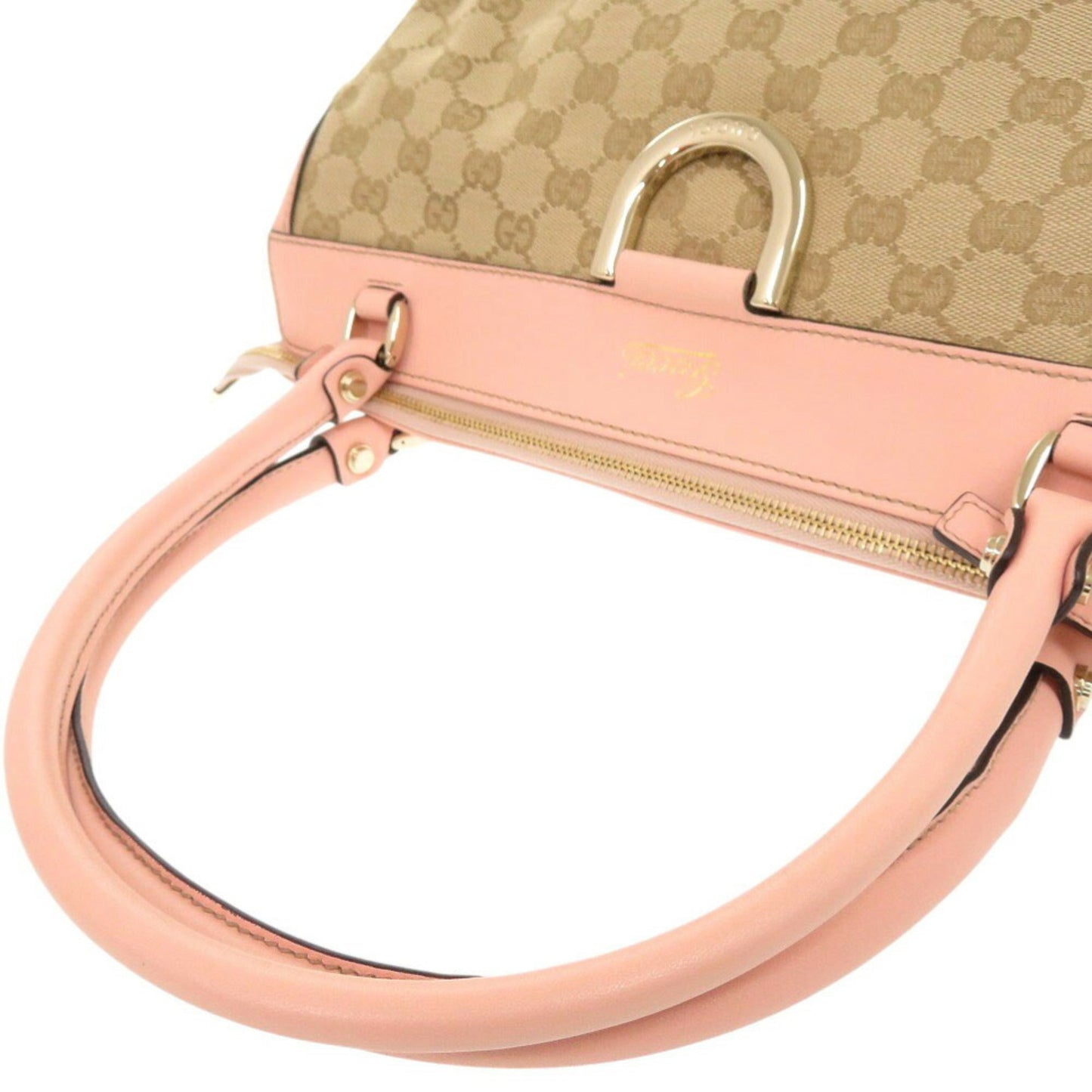 Gucci Beige Pink Gg Canvas Leather Handbag Tote Bag ( )