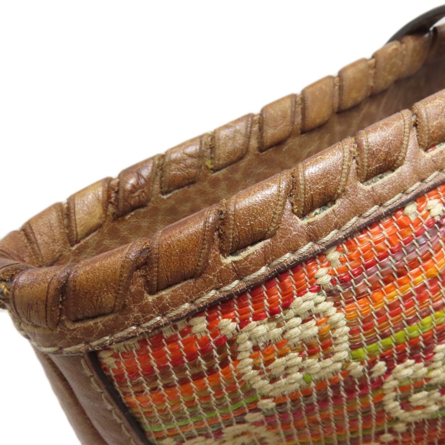 Gucci Blue Brown Orange Leather Straw Tote Bag ( )