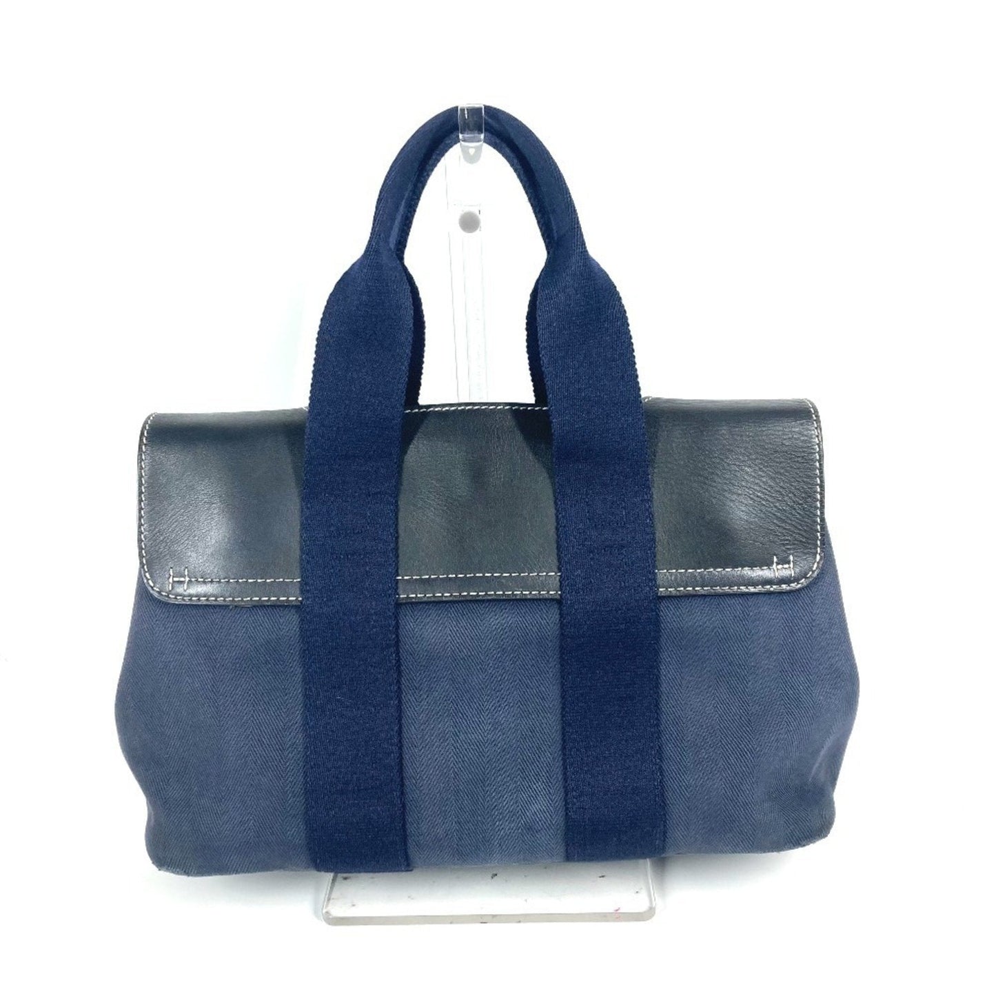 Hermes Navy Leather Canvas Handbag Tote Bag ( )