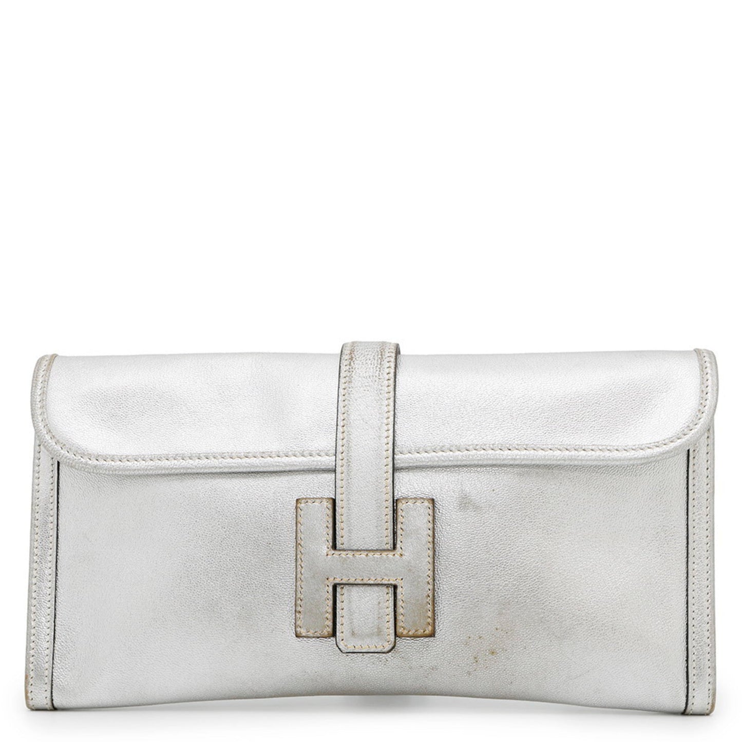 Hermes Jige Silver Chevre Myzore Leather Clutch Bag ( )