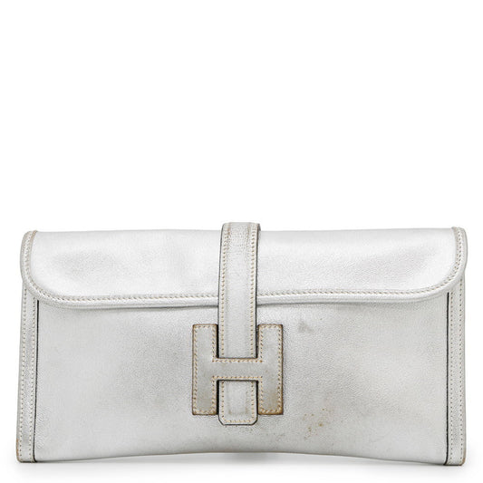 Hermes Jige Silver Chevre Myzore Leather Clutch Bag ( )